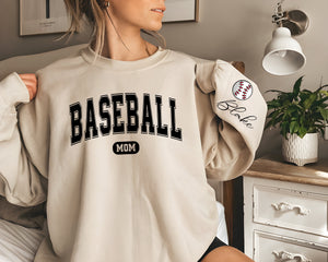 Custom Baseball Mom Crewneck with Name On A Sleeve Sweatshirt, Personalized Baseball Shirt, Gift for Mom, Baseball Mom Hoodie, Game Day