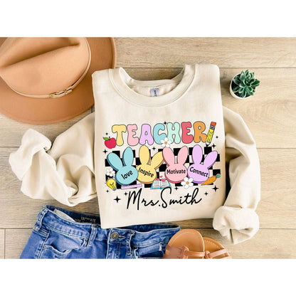 Custom Teacher Bunny Shirt, Teacher Bunny Easter Sweatshirt, Easter Teacher Tee, Easter Teacher Shirt, Easter Gift For Teachers