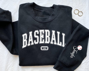 Custom Baseball Mom Crewneck with Name On A Sleeve Sweatshirt, Custom Baseball Sweatshirt, Baseball Mom Hoodie, Game Day, Gift for Mom