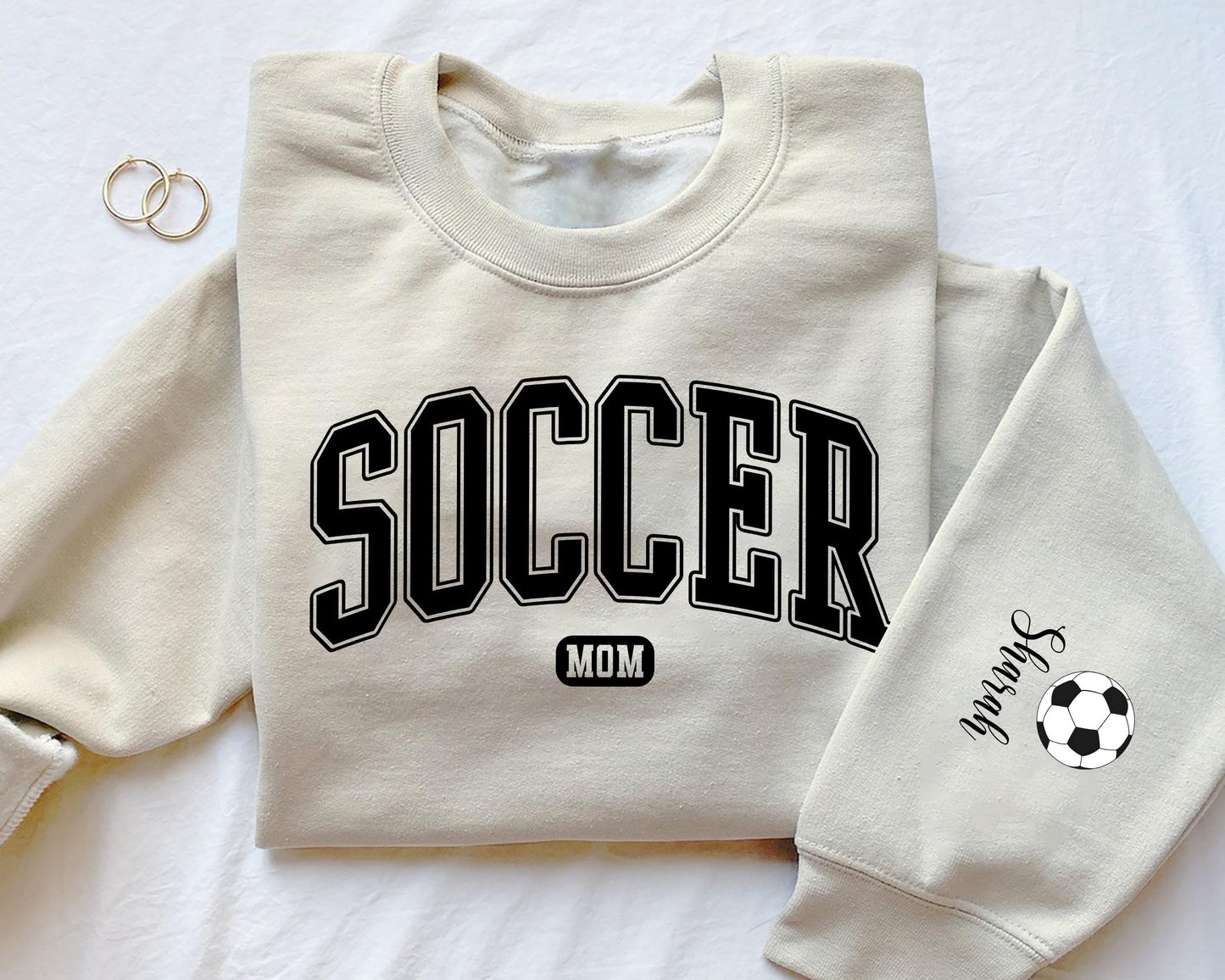 Custom Soccer Mom Crewneck with Name On A Sleeve Sweatshirt, Custom Soccer Sweatshirt, Soccer Mom Hoodie, Team Soccer Tee, Gift for Mom