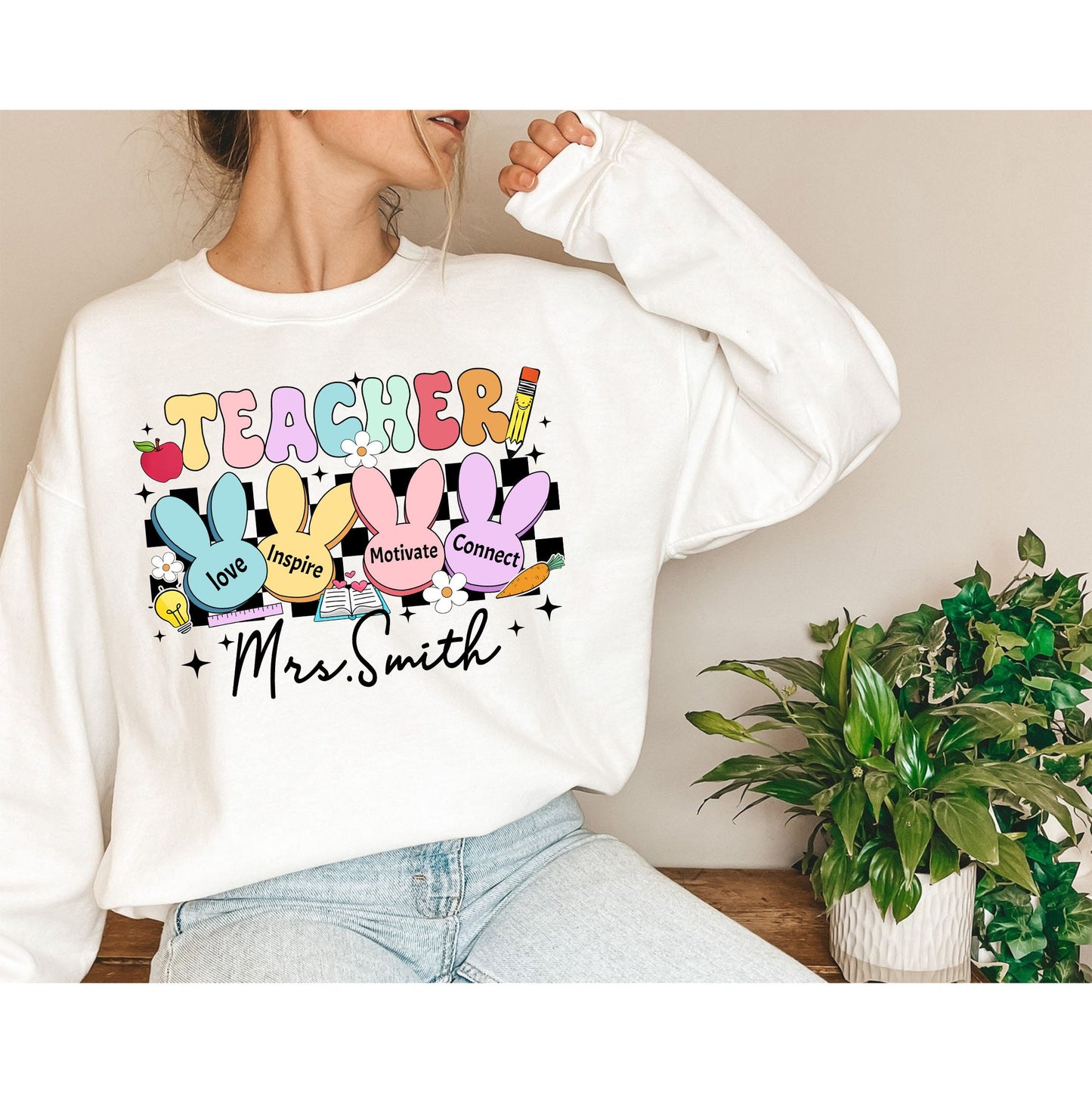 Custom Teacher Bunny Shirt, Teacher Bunny Easter Sweatshirt, Easter Teacher Tee, Easter Teacher Shirt, Easter Gift For Teachers