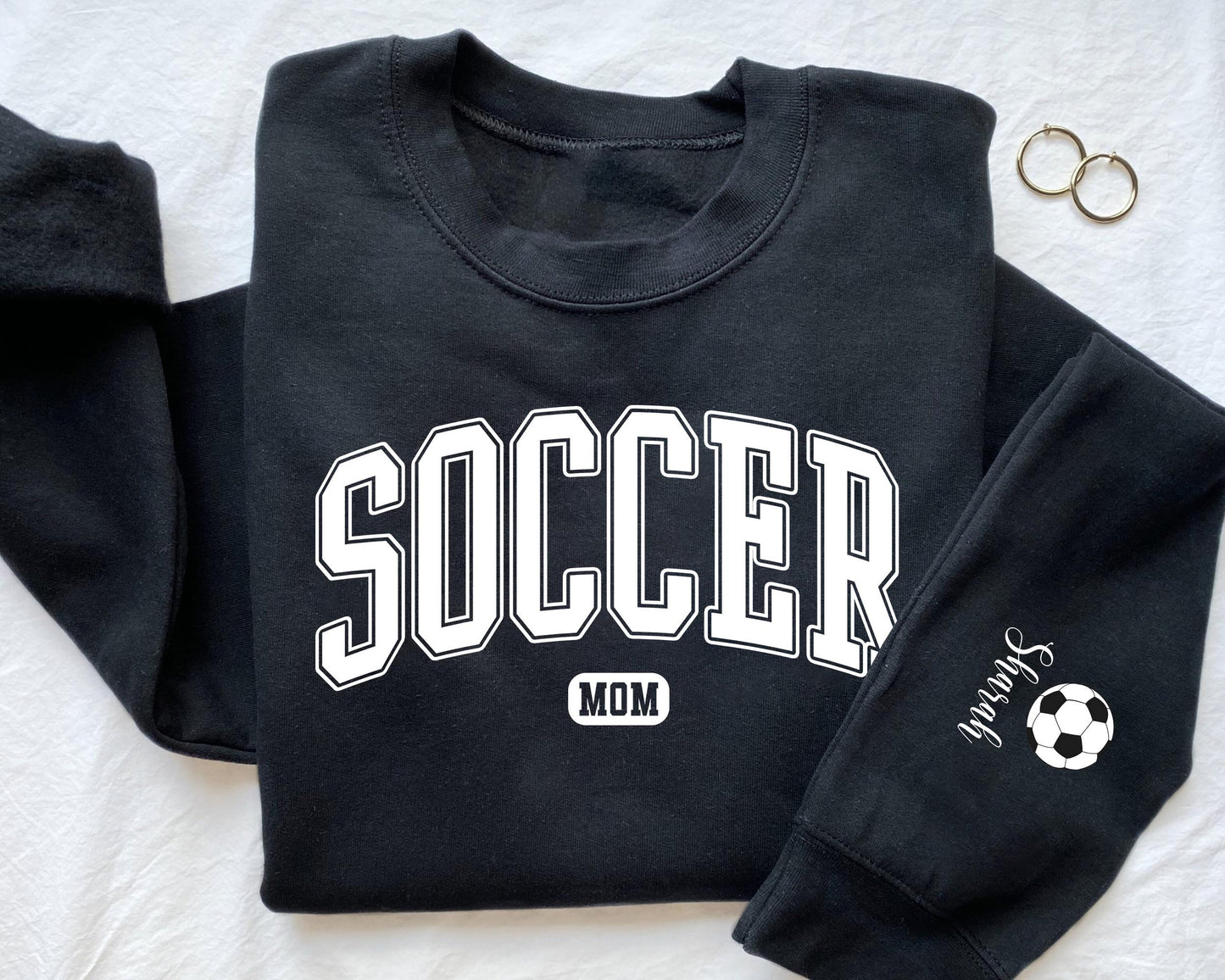 Custom Soccer Mom Crewneck with Name On A Sleeve Sweatshirt, Custom Soccer Sweatshirt, Soccer Mom Hoodie, Team Soccer Tee, Gift for Mom