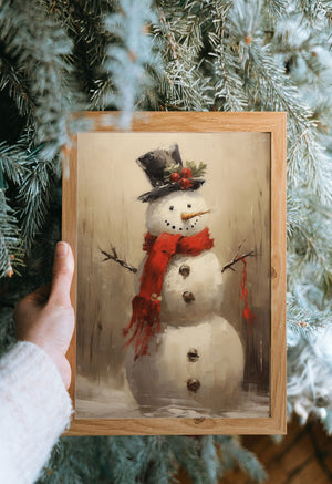 Vintage Wall Print Snowman Christmas Canvas Print, Christmas Painting Cottagecore Decor Wall Art, Christmas Decor Winter Art Seasonal Decor