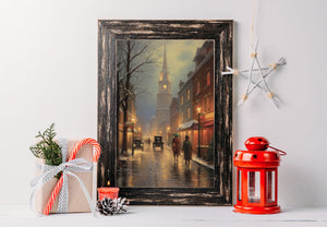 Vintage Town City Art Canvas Painting, Christmas Poster, Village Art, Christmas Decor, Winter Canvas Art, American Art, Moody Wall Art