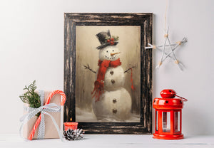 Vintage Wall Print Snowman Christmas Canvas Print, Christmas Painting Cottagecore Decor Wall Art, Christmas Decor Winter Art Seasonal Decor