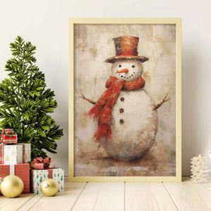 Vintage Christmas Canvas Print, Snowman Printable Christmas Painting Cottagecore Decor Wall Art, Christmas Decor Winter Art Seasonal Decor