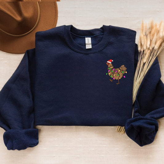 Christmas Chicken Sweatshirt Embroidered, Funny Farmer Chickens Crewneck or Christmas Country Hoodie