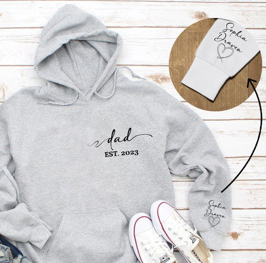 Custom Dad Est with Kids Names And Heart On Sleeve Hoodie Shirt, Dad Est Sweatshirt, Unique Gifts For Dad, Father's Day Gift