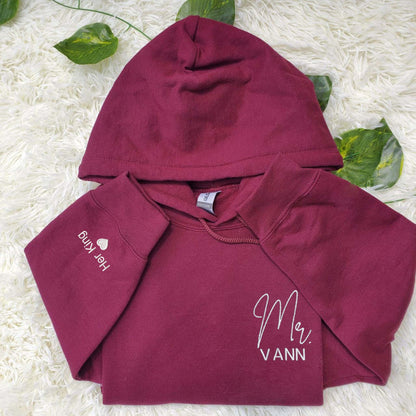 Custom Embroidered Mr and Mrs Hoodie With Icon On Sleeve, Mr And Mrs Gift Ideas