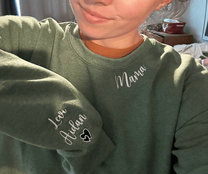 Custom Momma Mama Sweatshirt or Hoodie with Embroidered Kids Names on Sleeve