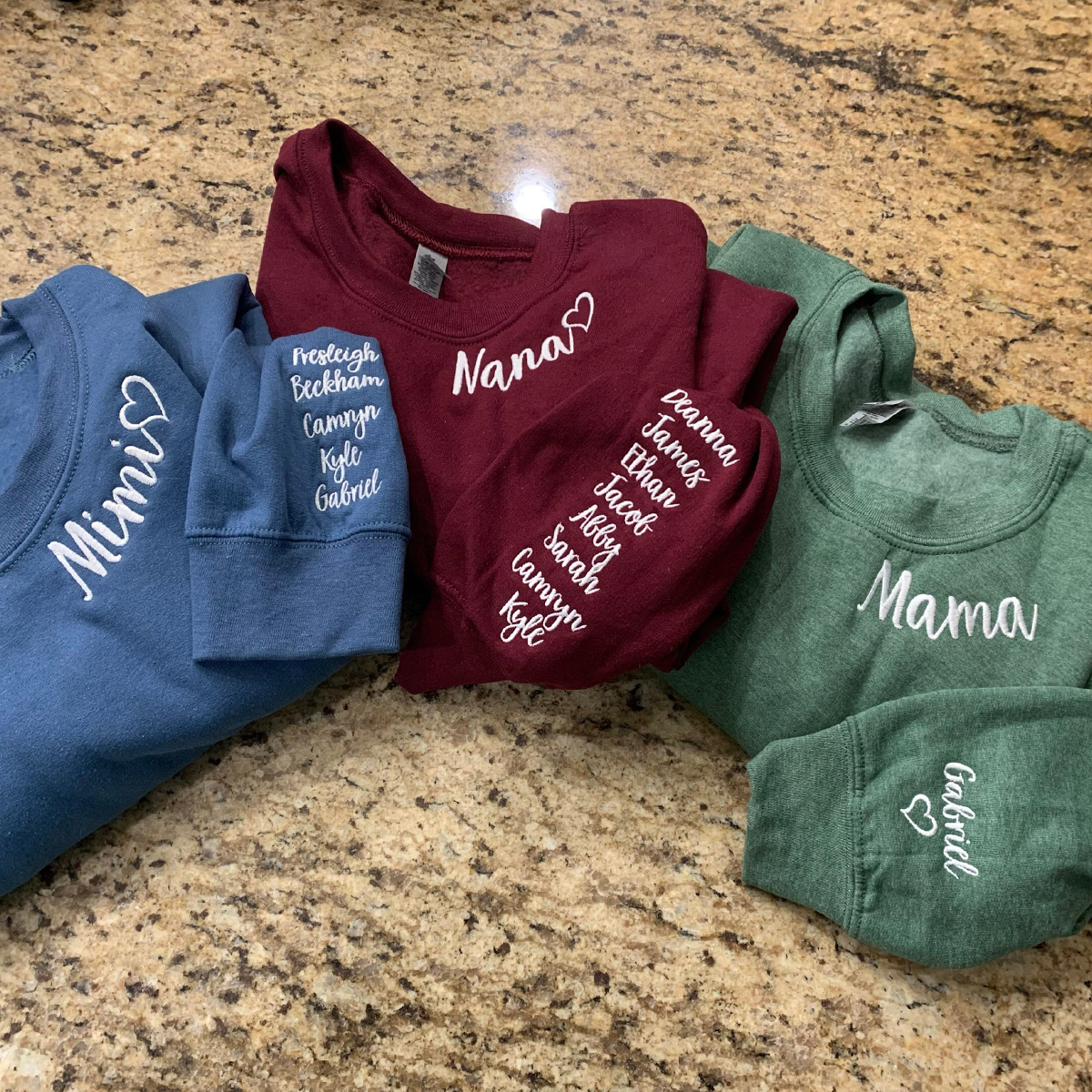 Custom Momma Mama Sweatshirt or Hoodie with Embroidered Kids Names on Sleeve
