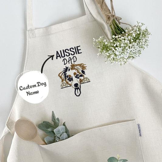 Custom  Australian Shepherd Dog Dad Embroidered Apron, Personalized Apron with Dog Name, Best Gifts For Australian Shepherd Owners