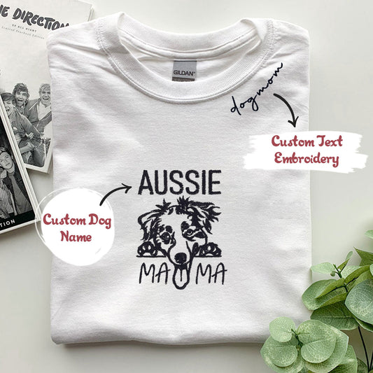 Custom  Australian Shepherd Dog Mama Shirt Embroidered Collar , Personalized Shirt with Dog Name, Best Gifts For Australian Shepherd Owners