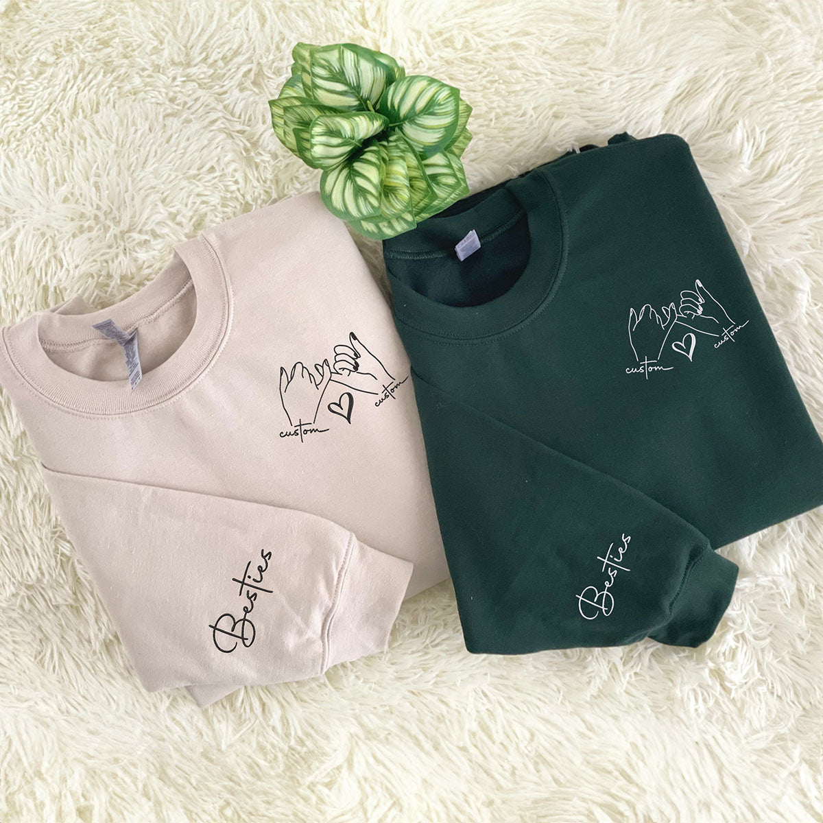 Custom Best Friend Sweatshirt with Embroidered Promise Hand and Besties Initial on Sleeve
