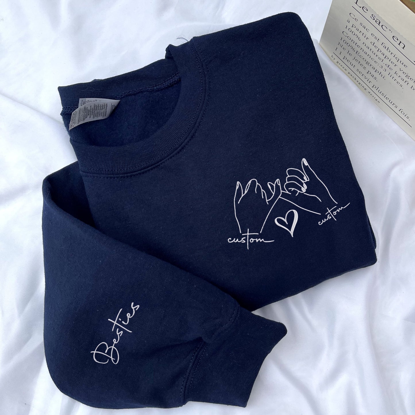 Custom Best Friend Sweatshirt with Embroidered Promise Hand and Besties Initial on Sleeve