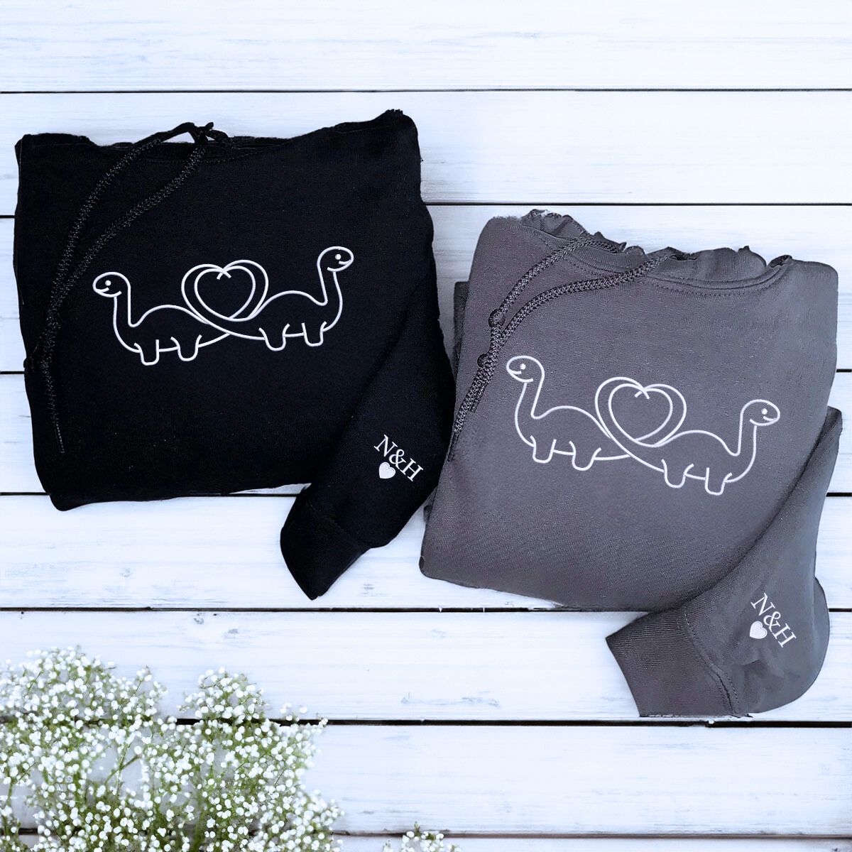 Custom Dinosaur Heart Shaped Tail Sweatshirt or Hoodie, Embroidered for Couple Valentine's Gifts