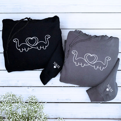 Custom Dinosaur Heart Shaped Tail Sweatshirt or Hoodie, Embroidered for Couple Valentine's Gifts