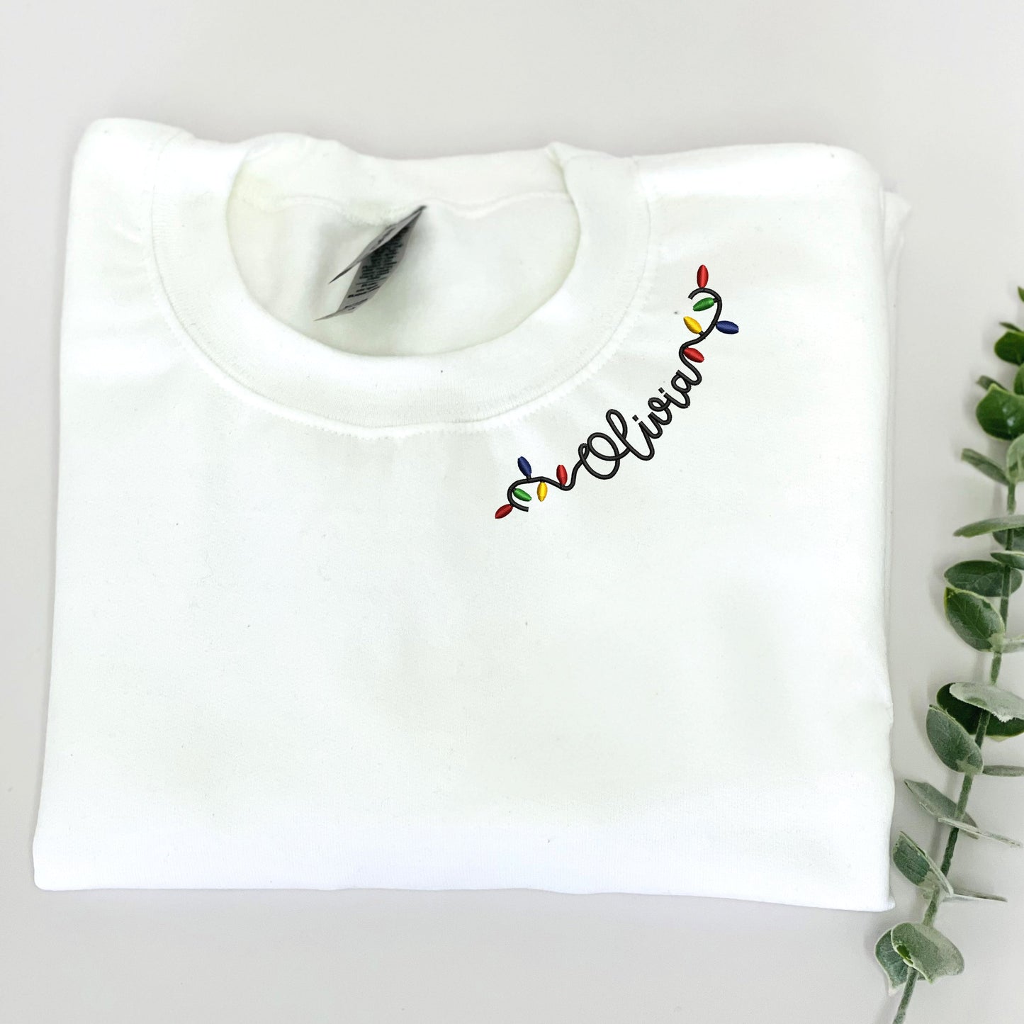 Custom Embroidered Christmas Sweatshirt, Personalized Christmas Light Name on Neckline Crewneck or Hoodie