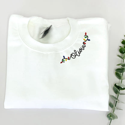 Custom Embroidered Christmas Sweatshirt, Personalized Christmas Light Name on Neckline Crewneck or Hoodie