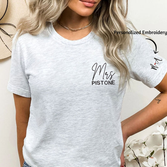 Custom Embroidered Mr and Mrs Shirt,Personalized Just Married Tee With Initial On Sleeve