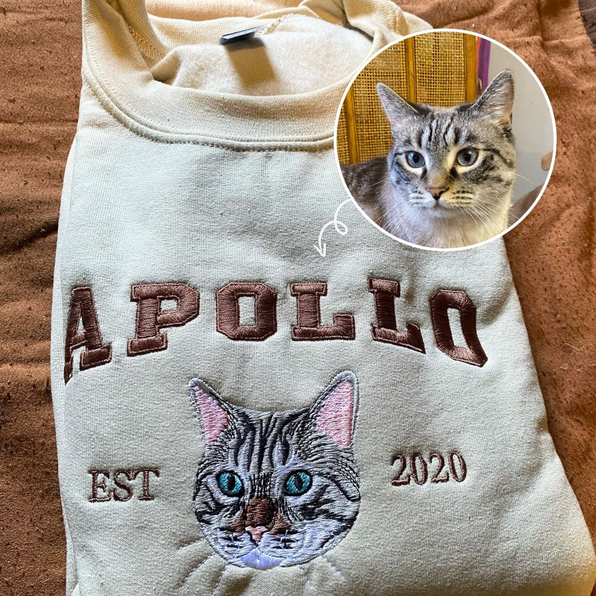 Custom Embroidered Varsity Cat Face Sweatshirt from Photo, Personalized Gift for Cat Lover
