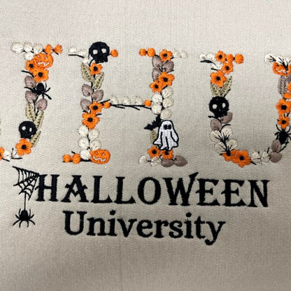 Custom Halloween University Sweatshirt with Floral Name, Embroidered Halloween Crewneck or Hoodie