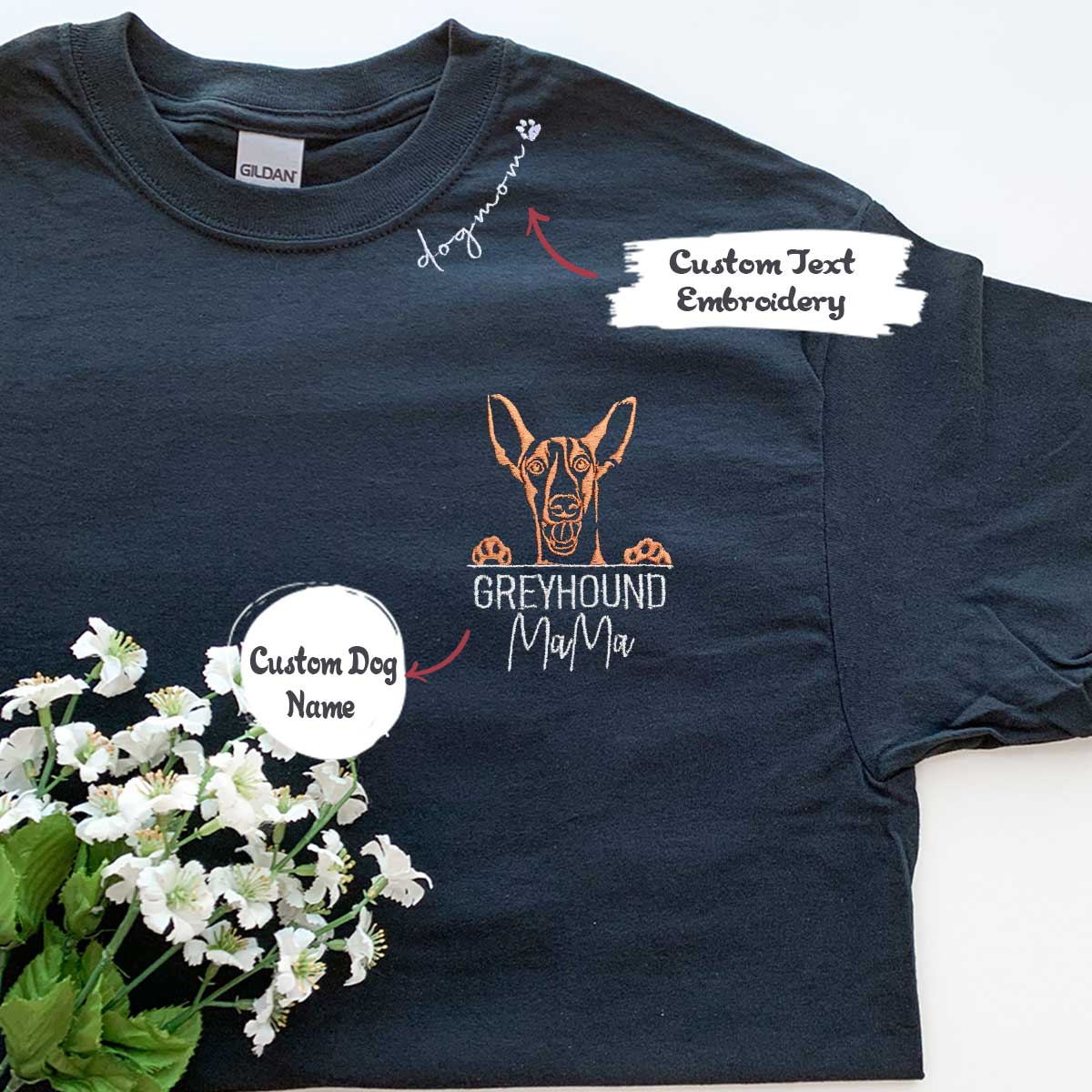 Custom Italian Greyhound Dog Mama Shirt Embroidered Collar, Personalized Shirt with Dog Name, Best Gifts For Greyhound Lovers