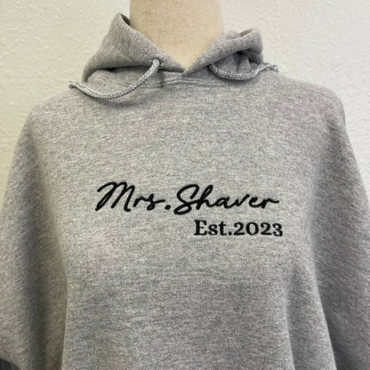 Custom Mrs Sweatshirt Embroidered, Bride Gifts for Honeymoon Wedding Day with Initial Heart or Roman Date on Sleeve