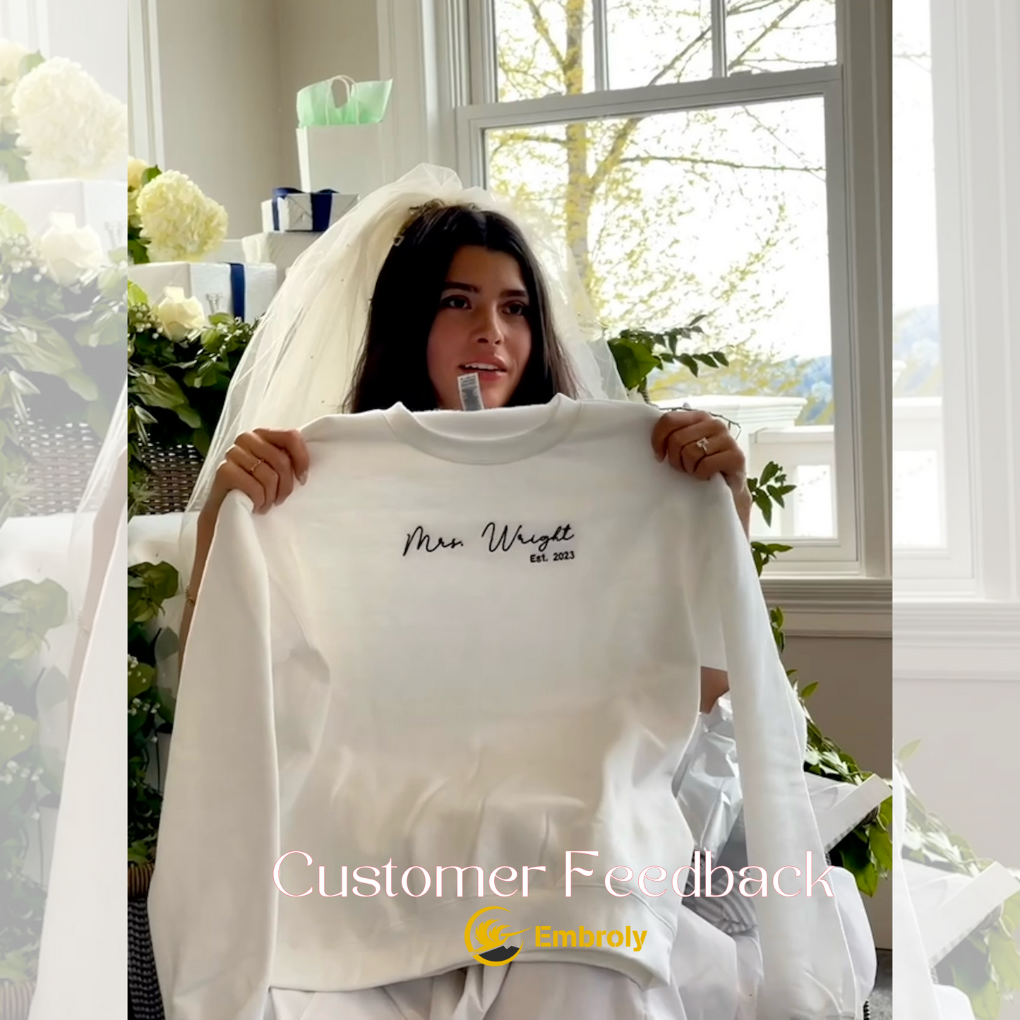 Custom Mrs Sweatshirt Embroidered, Bride Gifts for Honeymoon Wedding Day with Initial Heart or Roman Date on Sleeve