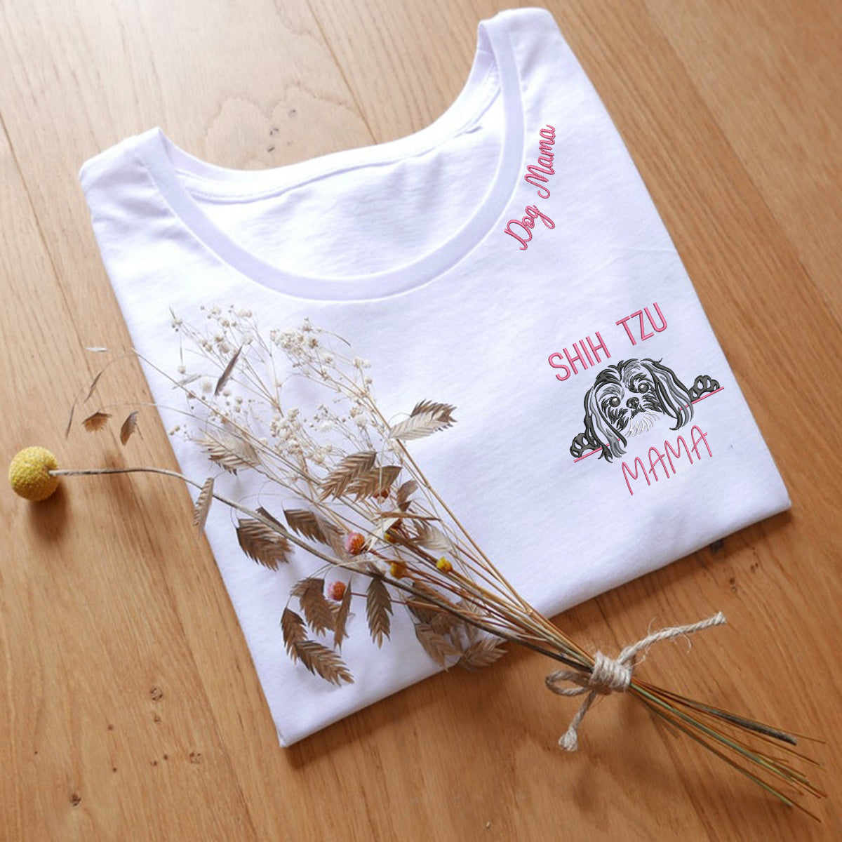 Custom Shih Tzu Dog Mama Shirt Embroidered Collar, Personalized Shirt with Dog Name, Best Gifts For Shih Tzu Lovers