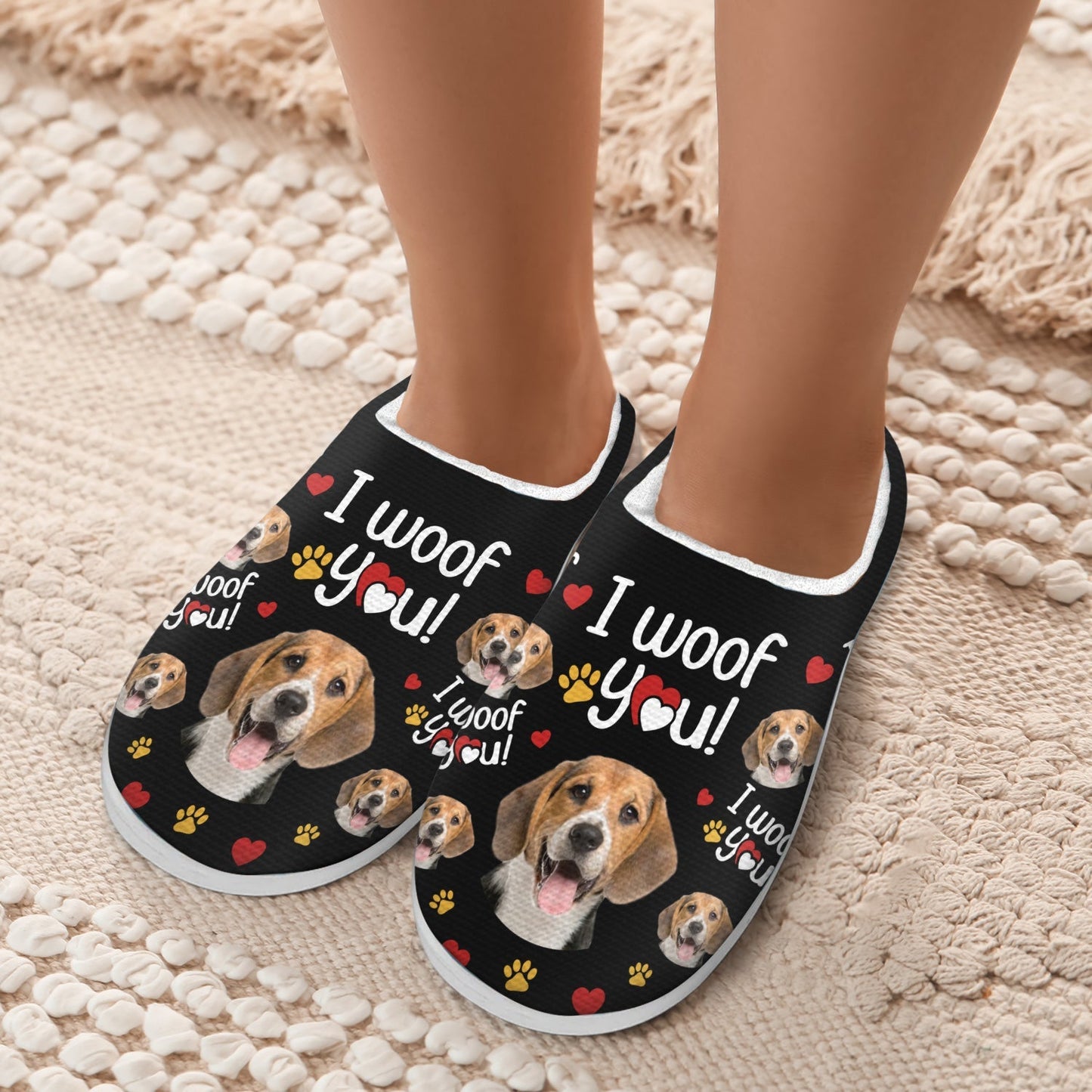 Custom Photo I Woof You - Gift For Dog Lovers - Personalized Fluffy Slippers