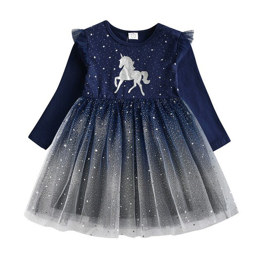 Girls Sequined Dresses Children Unicorn Print Dress Long Sleeve Birthday Party Dress Toddlers Girls Tulle Princess Dresses