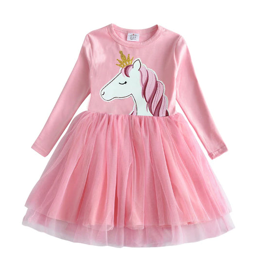 Girls Sequined Dresses Children Unicorn Print Dress Long Sleeve Birthday Party Dress Toddlers Girls Tulle Princess Dresses