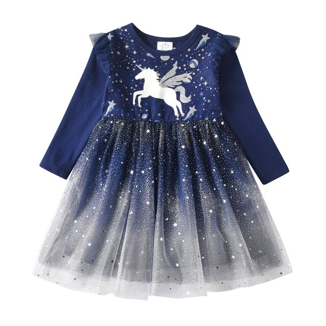 Gúnaí Sequined do Chailíní Gúna Priontála Aonbheannaigh Leanaí Gúna Cóisir Lá breithe Muinchille Fada Gúna Mamailínigh Cailíní Tulle Gúnaí banphrionsa