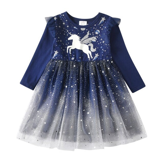 Girls Sequined Dresses Children Unicorn Print Dress Long Sleeve Birthday Party Dress Toddlers Girls Tulle Princess Dresses