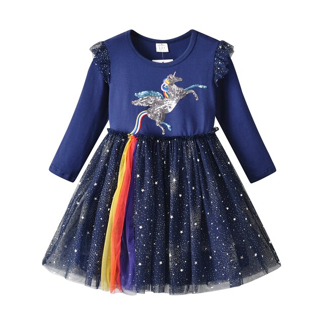 Girls Sequined Dresses Children Unicorn Print Dress Long Sleeve Birthday Party Dress Toddlers Girls Tulle Princess Dresses