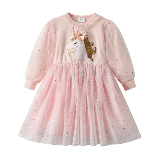 Girls Sequined Dresses Children Unicorn Print Dress Long Sleeve Birthday Party Dress Toddlers Girls Tulle Princess Dresses