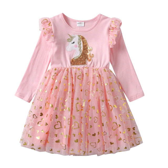 Gúnaí Sequined do Chailíní Gúna Priontála Aonbheannaigh Leanaí Gúna Cóisir Lá breithe Muinchille Fada Gúna Mamailínigh Cailíní Tulle Gúnaí banphrionsa