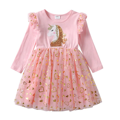 Gúnaí Sequined do Chailíní Gúna Priontála Aonbheannaigh Leanaí Gúna Cóisir Lá breithe Muinchille Fada Gúna Mamailínigh Cailíní Tulle Gúnaí banphrionsa