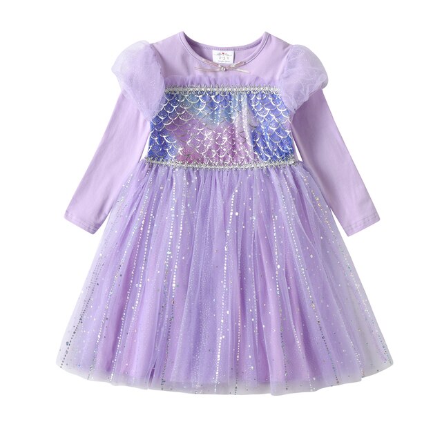 Girls Sequined Dresses Children Unicorn Print Dress Long Sleeve Birthday Party Dress Toddlers Girls Tulle Princess Dresses