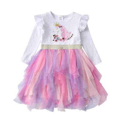 Girls Sequined Dresses Children Unicorn Print Dress Long Sleeve Birthday Party Dress Toddlers Girls Tulle Princess Dresses