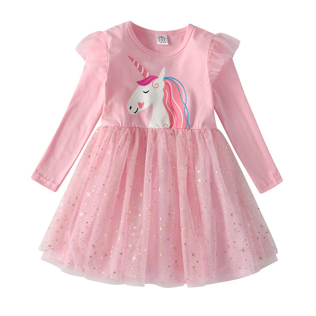 Girls Sequined Dresses Children Unicorn Print Dress Long Sleeve Birthday Party Dress Toddlers Girls Tulle Princess Dresses