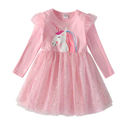 Girls Sequined Dresses Children Unicorn Print Dress Long Sleeve Birthday Party Dress Toddlers Girls Tulle Princess Dresses