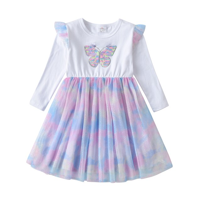 Girls Sequined Dresses Children Unicorn Print Dress Long Sleeve Birthday Party Dress Toddlers Girls Tulle Princess Dresses