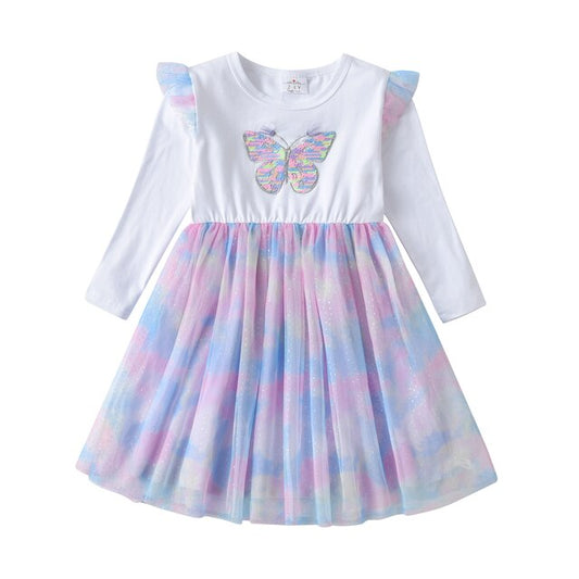 Girls Sequined Dresses Children Unicorn Print Dress Long Sleeve Birthday Party Dress Toddlers Girls Tulle Princess Dresses