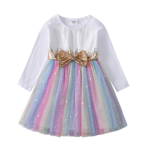 Gúnaí Sequined do Chailíní Gúna Priontála Aonbheannaigh Leanaí Gúna Cóisir Breithlá Muinchille Fada Gúna Mamailínigh Cailíní Tulle Gúnaí banphrionsa