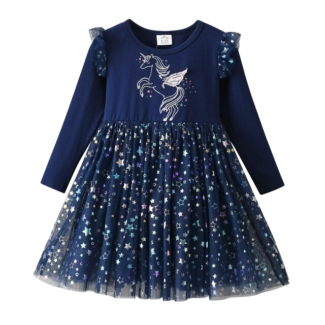 Gúnaí Sequined do Chailíní Gúna Priontála Aonbheannaigh Leanaí Gúna Cóisir Breithlá Muinchille Fada Gúna Mamailínigh Cailíní Tulle Gúnaí banphrionsa