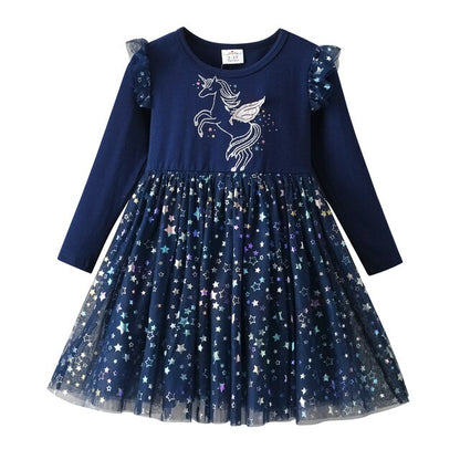 Gúnaí Sequined do Chailíní Gúna Priontála Aonbheannaigh Leanaí Gúna Cóisir Breithlá Muinchille Fada Gúna Mamailínigh Cailíní Tulle Gúnaí banphrionsa