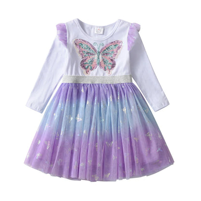 Gúnaí Sequined do Chailíní Gúna Priontála Aonbheannaigh Leanaí Gúna Cóisir Breithlá Muinchille Fada Gúna Mamailínigh Cailíní Tulle Gúnaí banphrionsa