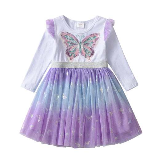 Girls Sequined Dresses Children Unicorn Print Dress Long Sleeve Birthday Party Dress Toddlers Girls Tulle Princess Dresses